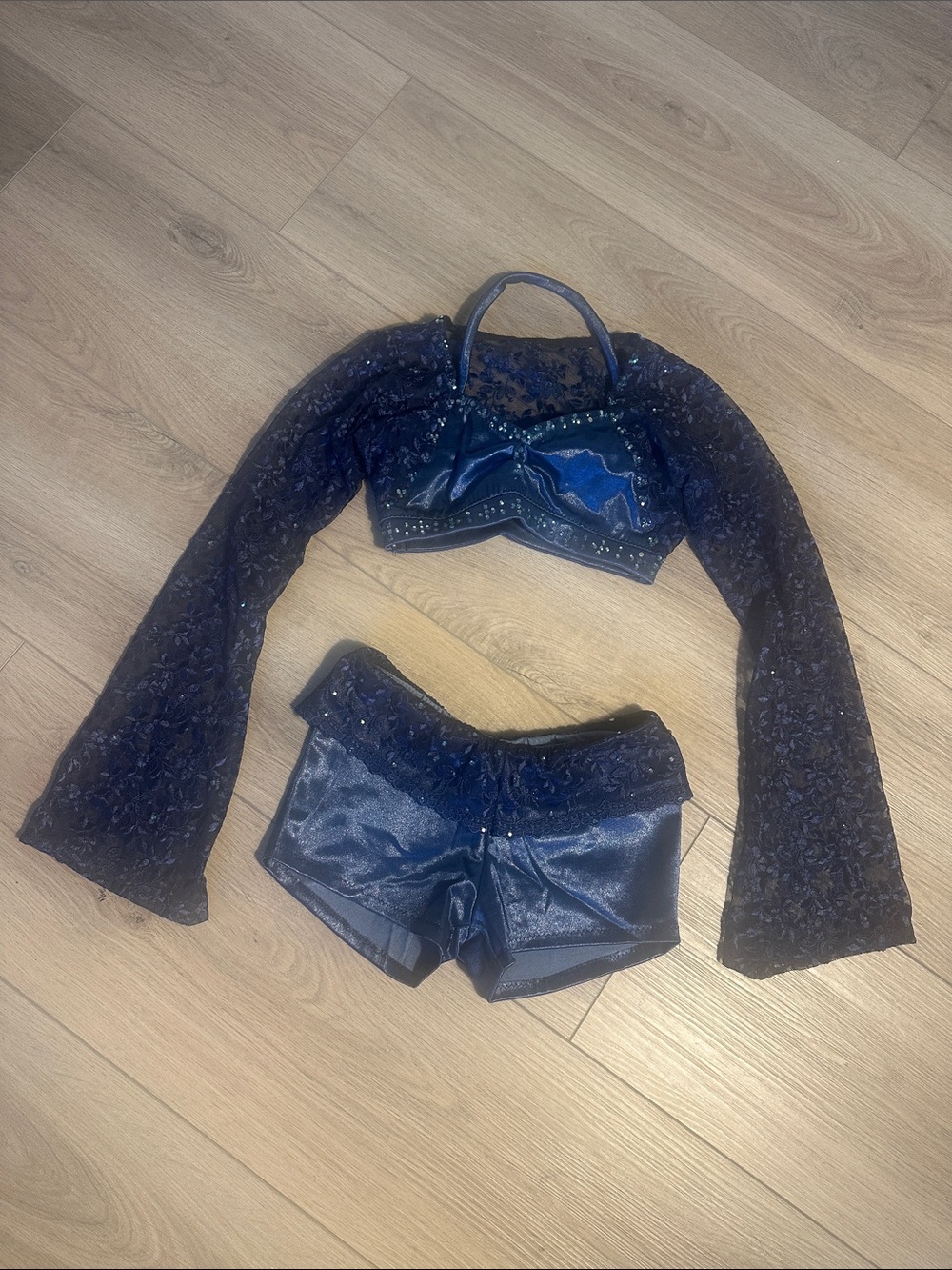2 piece Navy Satin, Lace and Sequin custom Dance Costume.